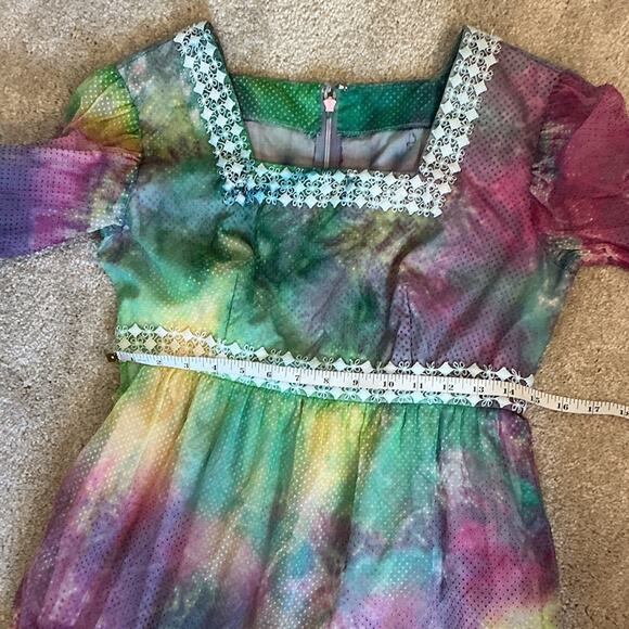 Vintage Tie Dye Purple Green Boho Hippie Prairie Long Sleeve Dress Size Small? - Picture 9 of 10